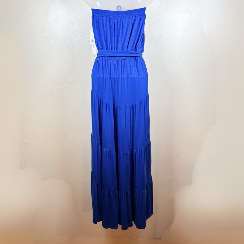 La Blanca Draped Darling Strapless Midi Dress XL Blue Tiered Swimsuit Cover Up - Picture 4 of 10